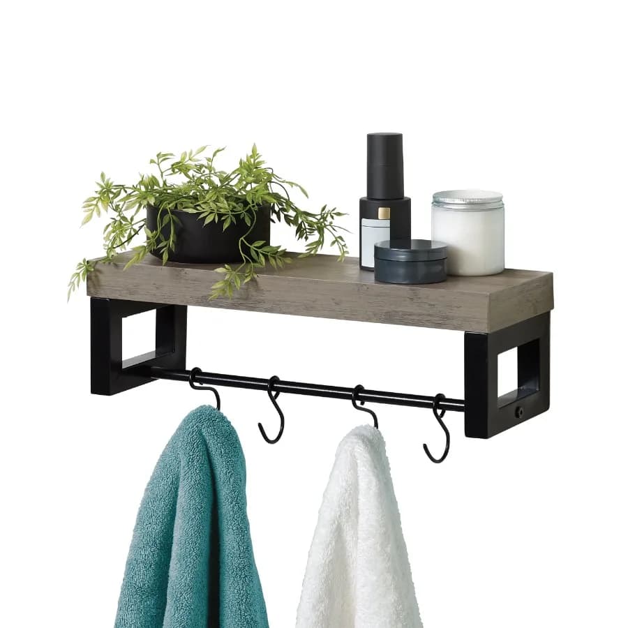 Versatile Wall Shelf with Towel Bar and 4 Hooks for Home Organization Stylish Design for Entryway Bathroom or Kitchen Storage S
