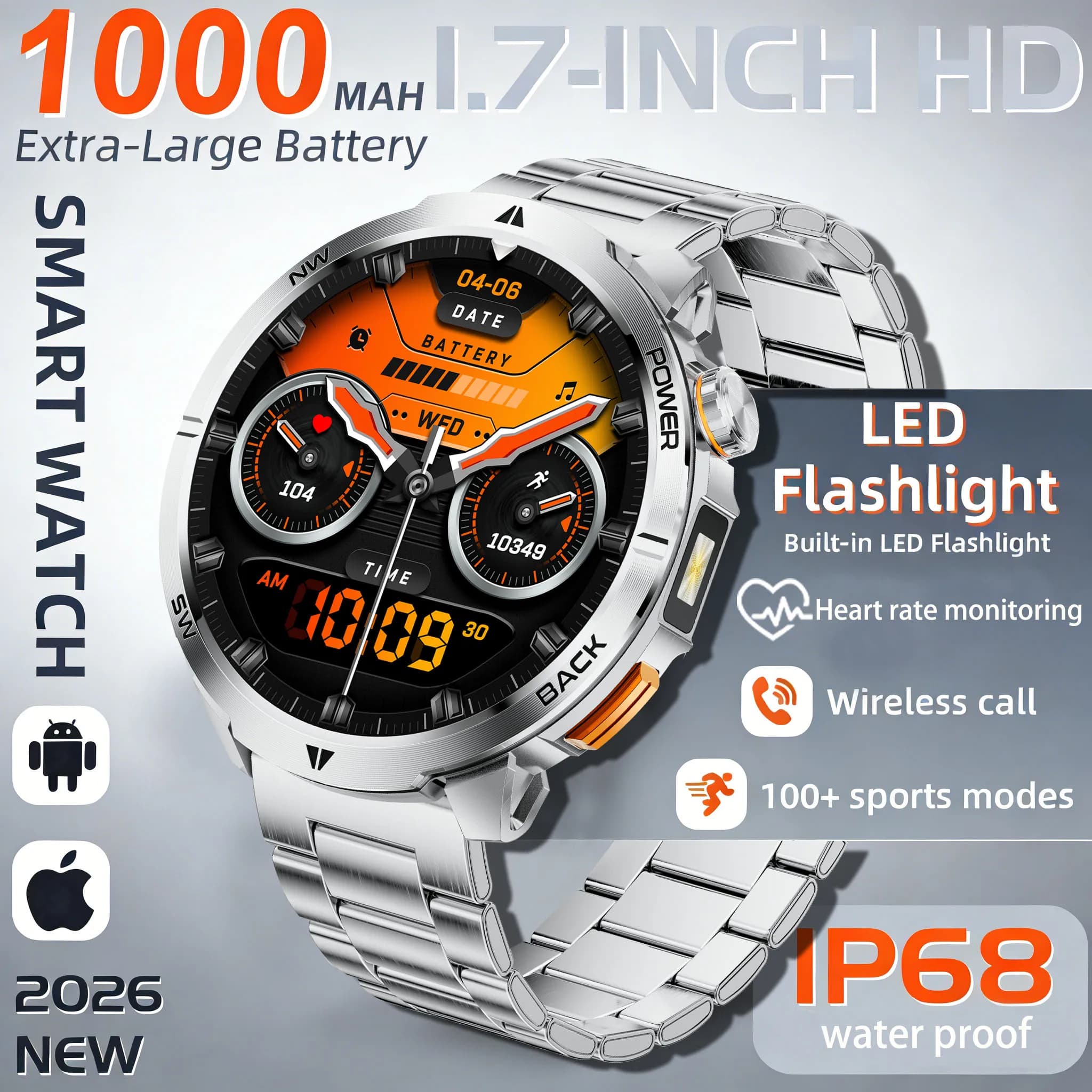 Nuovo Smartwatch 2026 con Grande Batteria da 1000mAh, Tracker Fitness Sportivo da Esterno per Uomo, Chiamate BT, Torcia LED, Orologio Intelligente MT68