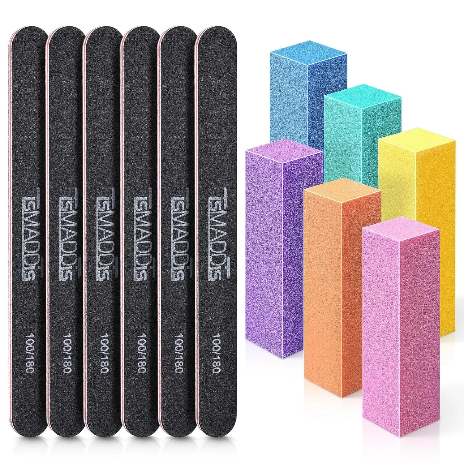 Lime e buffer per unghie, kit professionale per manicure, strumenti rettangolari per la cura delle unghie, buffer block, grana 100/180, 12 pezzi (Nero)