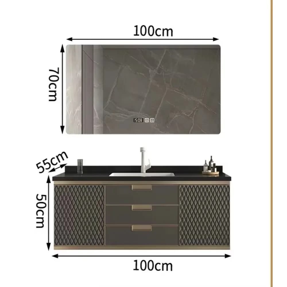 Specchio per trucco moderno a diodi emettitori di luce montato a parete, mobiletto per lavabo da bagno in quercia per trucco da bagno