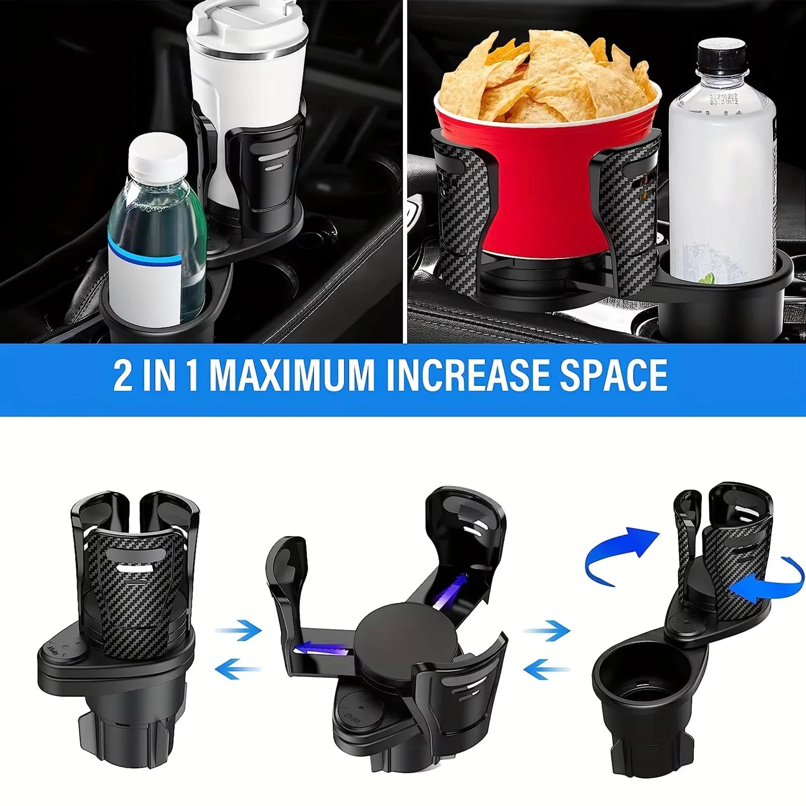 Adjustable Dual Car Cup Holder Expander with Phone Stand and Aromatherapy Organizer Multifunctional Adapter for Vehicle Interior