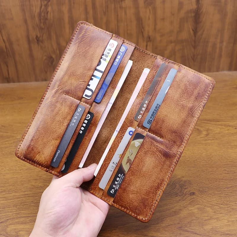 Authentic Top Layer Cowhide Leather Long Wallet Worn Color Handbag Multi-Card Holder for Men And Women Elegant Simple Style