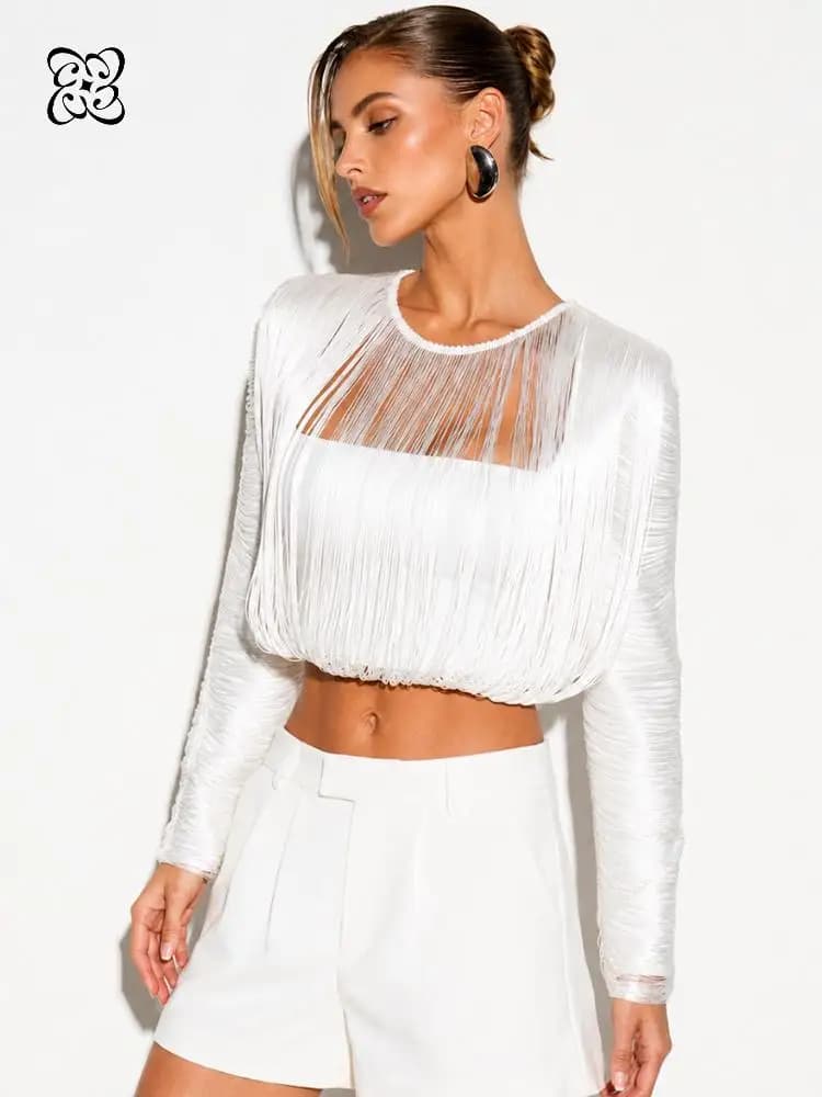 White Long Sleeve Fringe Crop Top Round Neck Tassel Cutout Sheer Mesh Blouse Party Stage Performance Cropped Shirt for Women