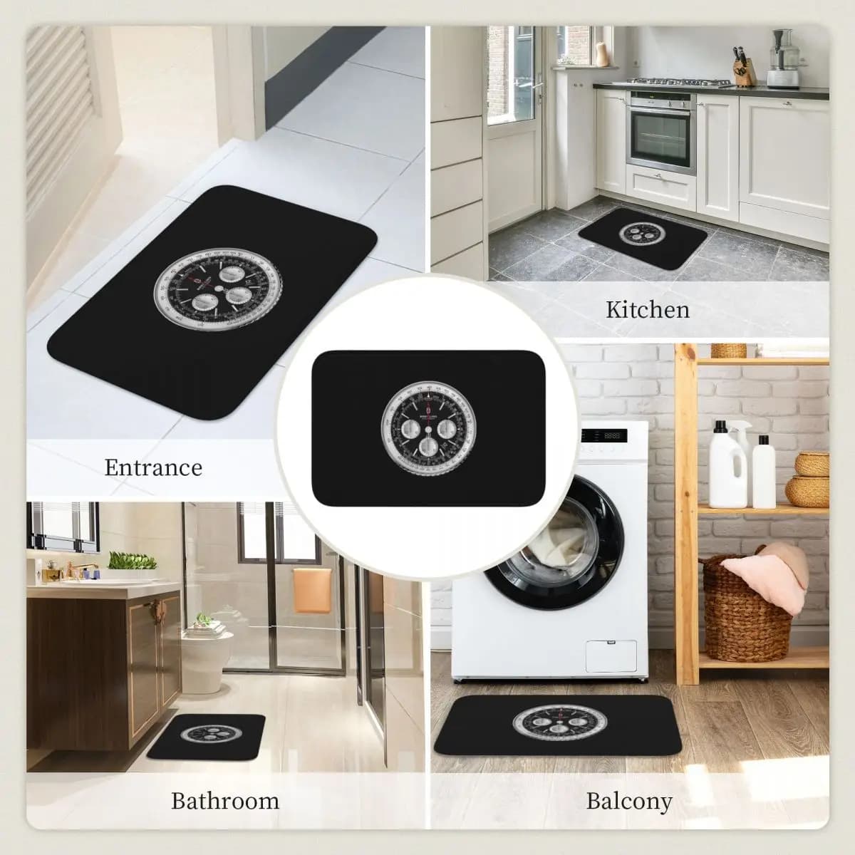 Tappeto Zerbino Nero Lusso con Motivo Quadrante Orologio, Antiscivolo, per Ingresso Cucina, Casa, Balcone