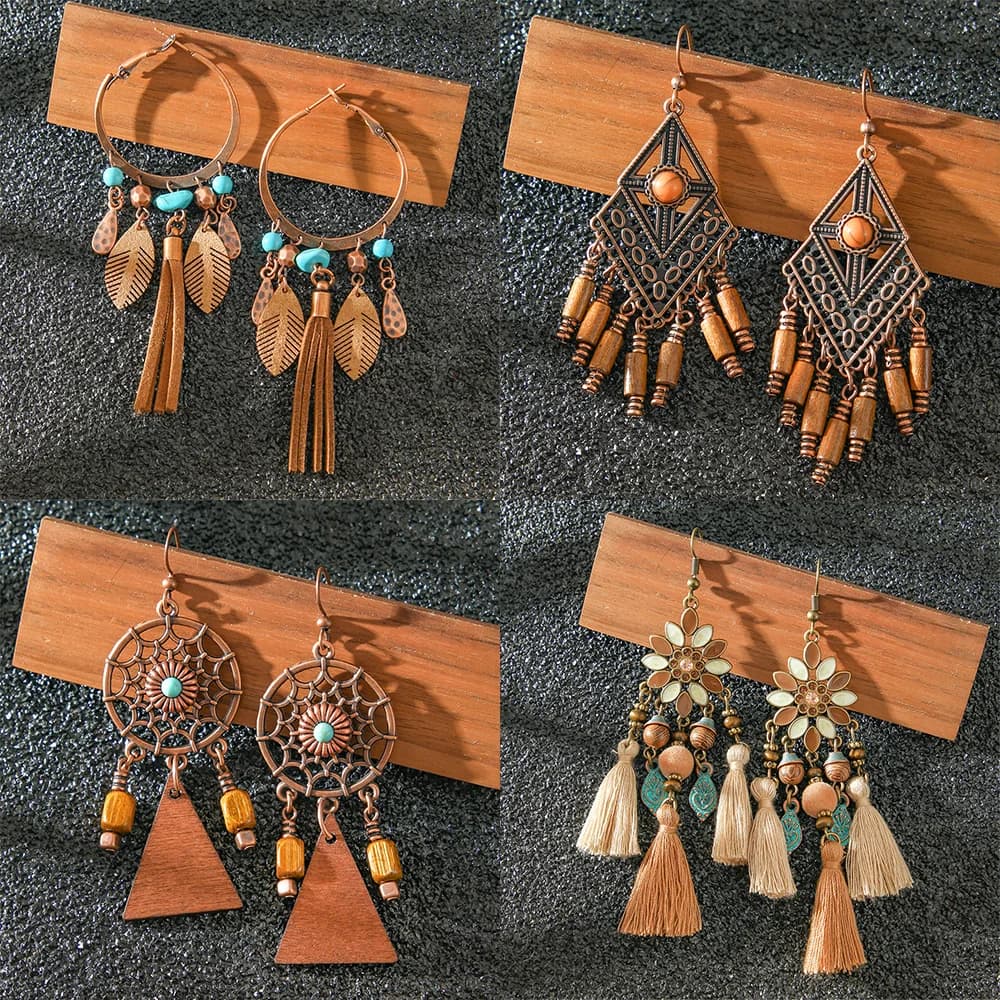 Vintage Boho Dangle Earrings Ethnic Brown Color Tassel Earrings Geometric Statement Jewelry Earrings Daily Wear Party Gifts