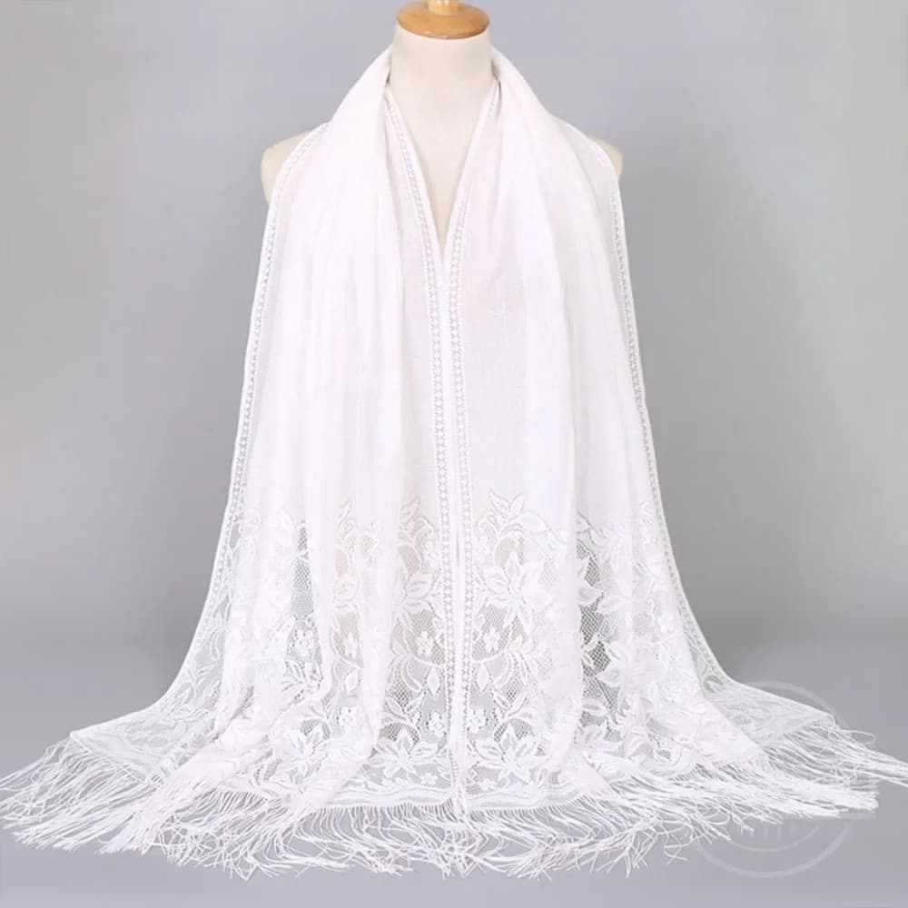 Sciarpa con bordi in pizzo Hijab Donna Pianura Maxi Scialle Avvolgente Fiore Bianco Foulard Morbido cotone Hijab musulmano Sciarpa Velo cattolico Sciarpa