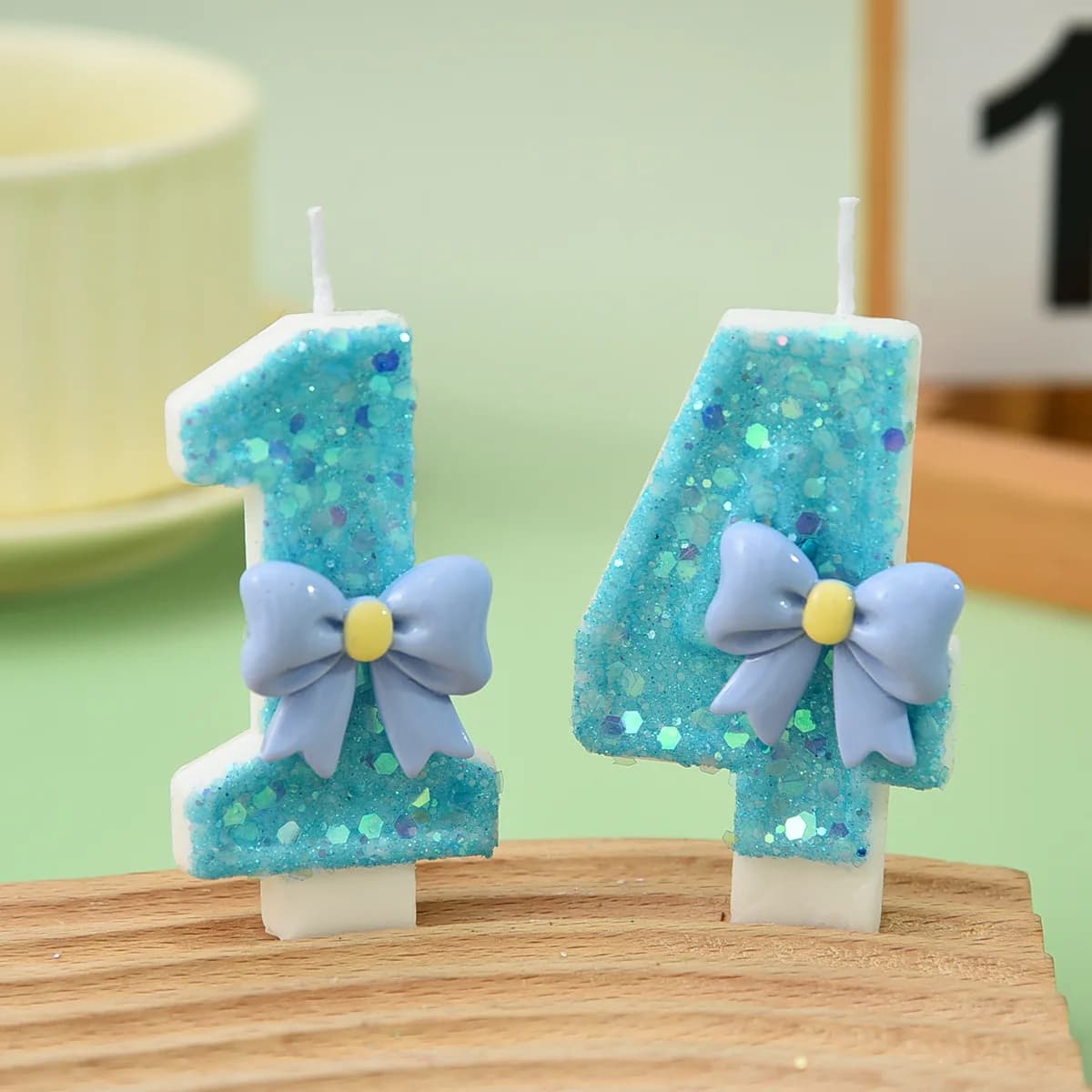 Blue Bow Digital Candle Dessert Cake, Fresh Cyan Sequined Birthday Candle, Festive Party Atmosphere Decoration