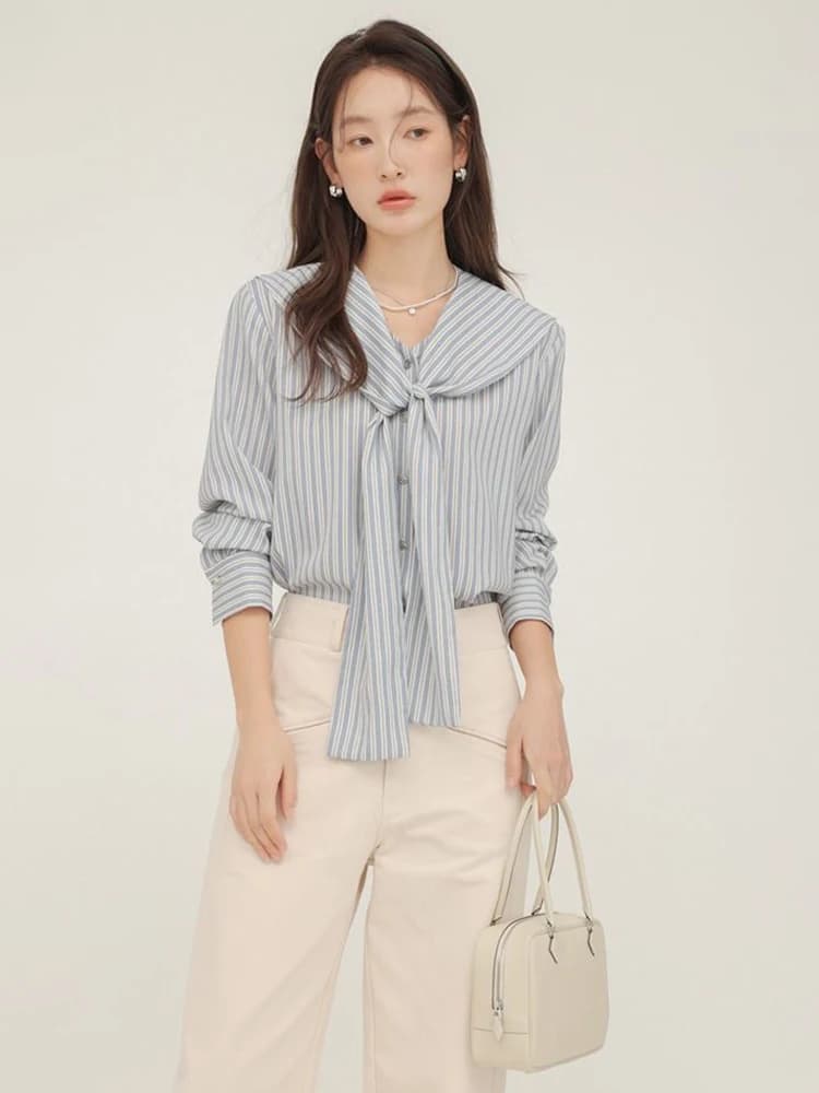 2025 Autunno Giappone Stile Donna Camicia a righe Casual Button Up Colletto alla marinara Camicie Camicetta Button Up Manica lunga Abbigliamento Top