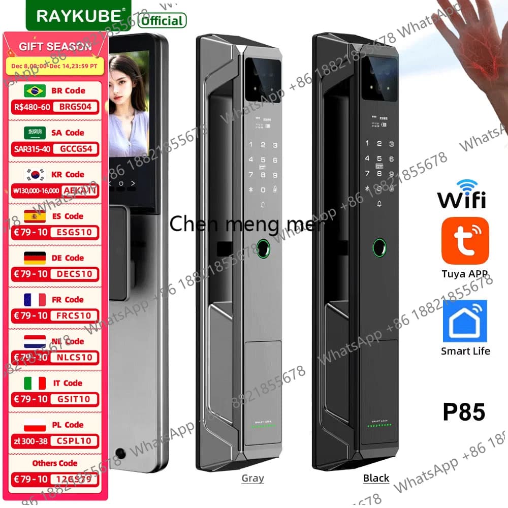RAYKUBE Serratura Intelligente con Riconoscimento Vocale in 21 Lingue, Telecamera WiFi Tuya, Lettore di Vene Palmari, Impronte Digitali e Riconoscimento Facciale con Videochiamata P85