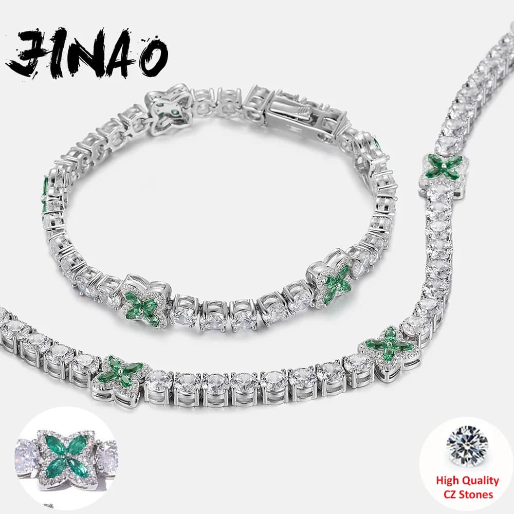 JINAO 5MM Green CZ Stone Hip Hop Tennis Bracelet Lucky Clover Spring Clasp Luxury Shiny Jewelry Y2k Man Rapper Gift