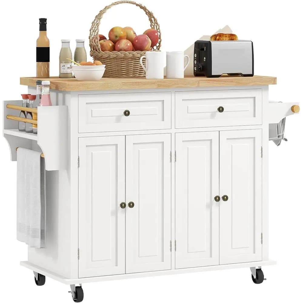 Carrello da Cucina Mobile con Piano in Legno Massello, 2 Cassetti, Ripiani Regolabili, Porta Spezie e Portasciugamani, Bianco Crema