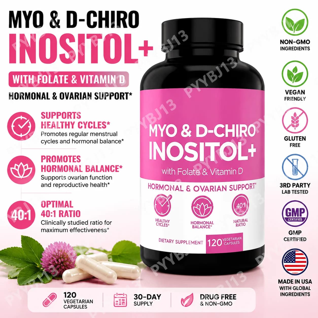 Myo & D-Chiro Inositol 40:1 with Folate Vitamin D3, 120 Capsules, Non-GMO Gluten Free Women’s Daily Wellness Supplement