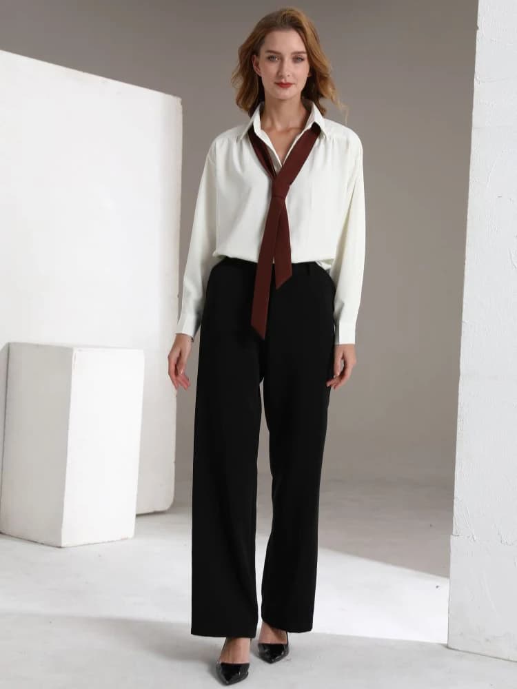 Camicia Bianca da Donna a Maniche Lunghe con Cravatta Staccabile, Elegante Abbigliamento da Ufficio, Nuova Moda Primavera 2026, Blusa Casual per Uso Quotidiano