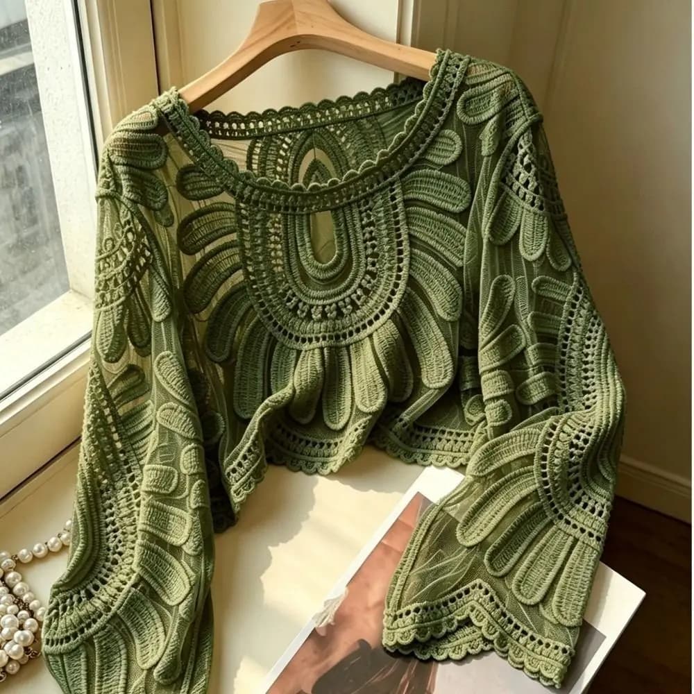 Crop Top Lace Embroidery Sunscreen Cover Up Round Neck Transparent Cover Shirt Long-Sleeved Beach Mesh Shawl Seaside