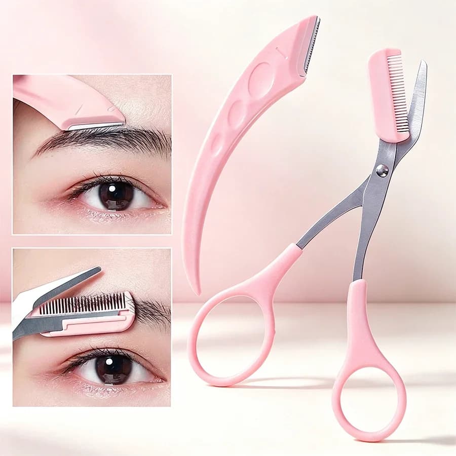 2Pcs Eyebrow Grooming Tool Set, Curved Eyebrow Razor & Comb Scissors, Stainless Steel Trimming Kit for Beginners Women Facial Be