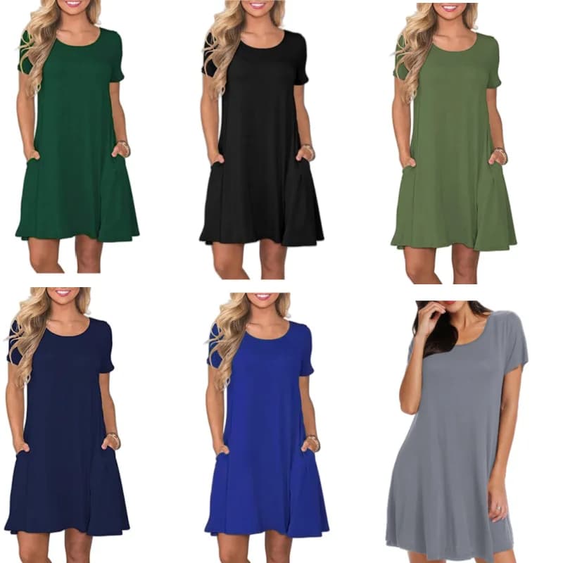 2025 New round Neck Color Casual Pocket Short Sleeve Maxi Dress Women's High Waist A-Line Skirt Polyester Fabric