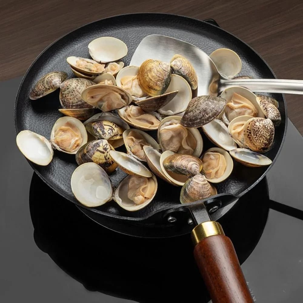 Padella Multiuso in Ghisa Non Rivestita con Manico in Legno, Padella Spessa per Pancake, Padella Universale Antiaderente per Omelette