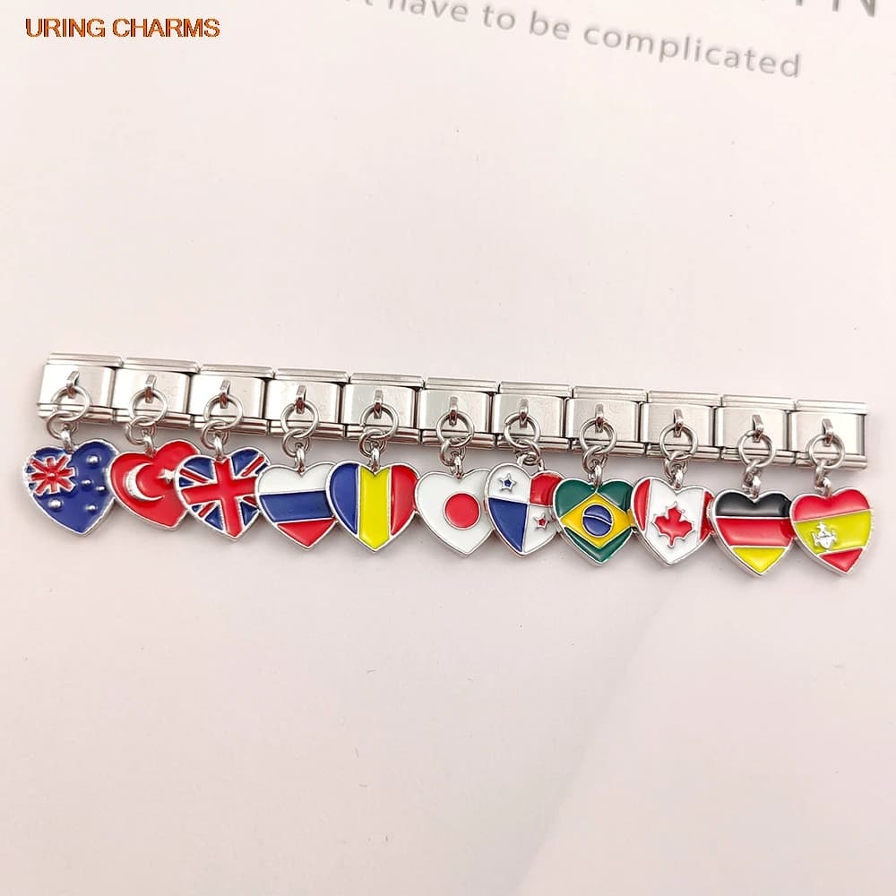 URING Elastic Charm Heart Pendant Italian Link fit 9mm Stainless Steel Trendy World National Flag Bracelet Making DIY Jewelry