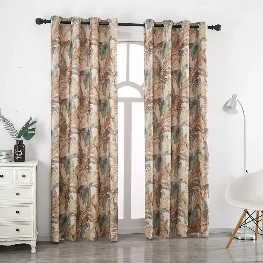 Vintage Dark Curtains with Tropical Leaves and Eyelets, Farm Style, For Living, Bedroom, 1 Panel, 132x213 cm