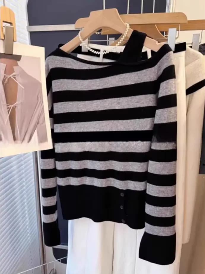 Y2K Harajuku Korean Style Knitwear Sweater Women Autumn Winter 2026 Fashion Striped Slim Fit Off Shoulder Pullover Clothing
