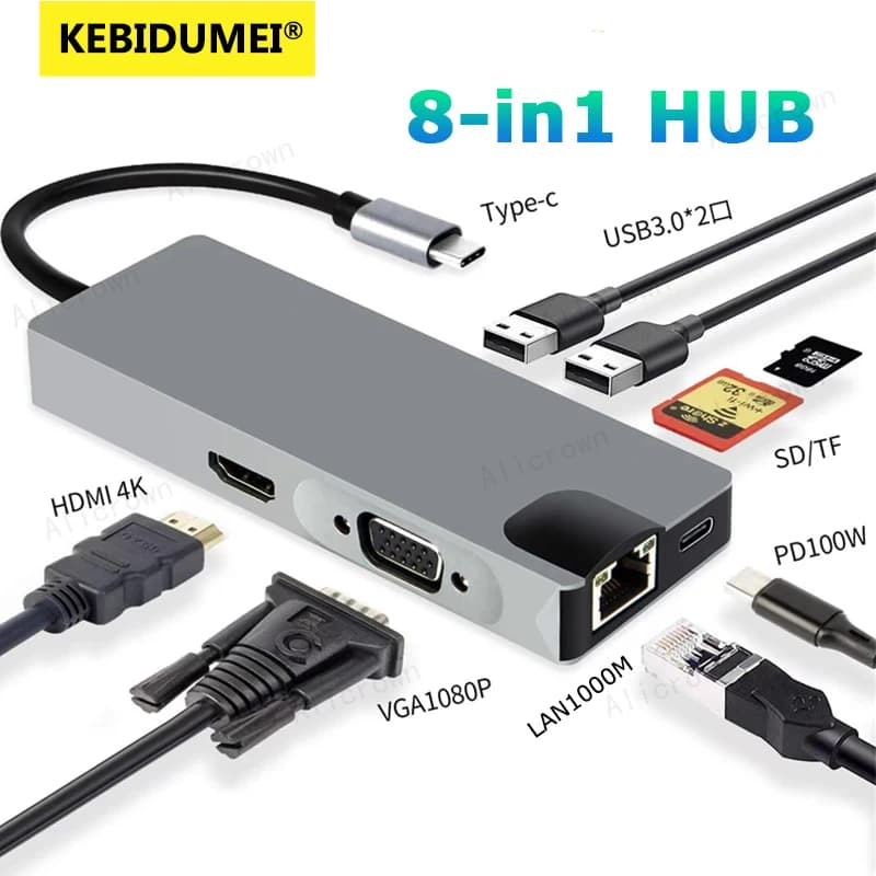 8IN-1 Tipo C HUB USB 3.0 a RJ45 100/1000Mbps 4K 30HZ Docking Station Adattatore Ethernet HDMI VGA SD/TF Extender PD 87W per il computer portatile