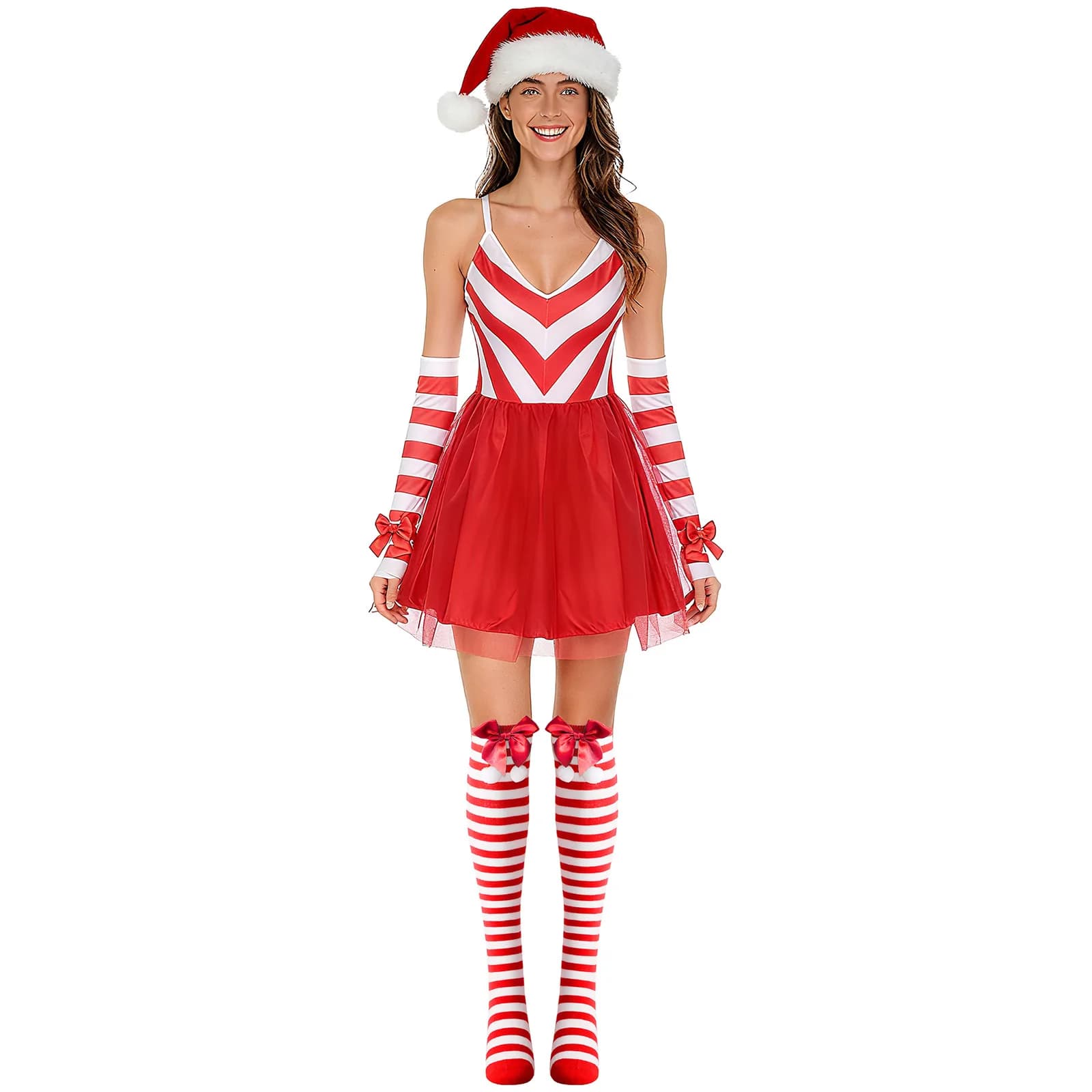 Costume da donna natalizio con bastoncino di zucchero, spalline, abito in tulle a righe con guanti, calzini, cappello, festa, gioco di ruolo