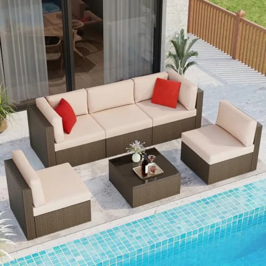 6 Pieces Outdoor Patio Furniture Set All-Weather PE Rattan Sectional Sofa with Glass Table and Ottoman Cushion Beige Red Pillow
