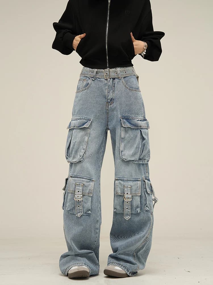 Wailang's Store American Retro Washed Design Workwear Jeans Men's Cool Street Style Pants Couple's Loose Straight Cut Denim