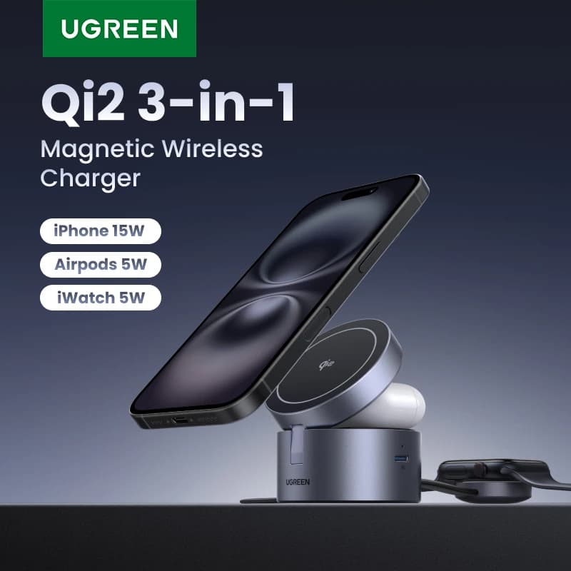 UGREEN Qi2 15W Max Magnetic Wireless Charger Fast charging 3 in 1 Magsafe Charger for iPhone 15 16 Pro Max/AirPods