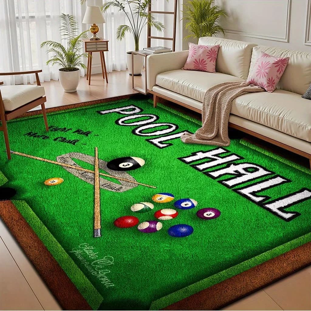 Newest Carpet Green Pool Hall Billiard Ball Cue Print Area Rug Game Room Non Slip Living Carpet