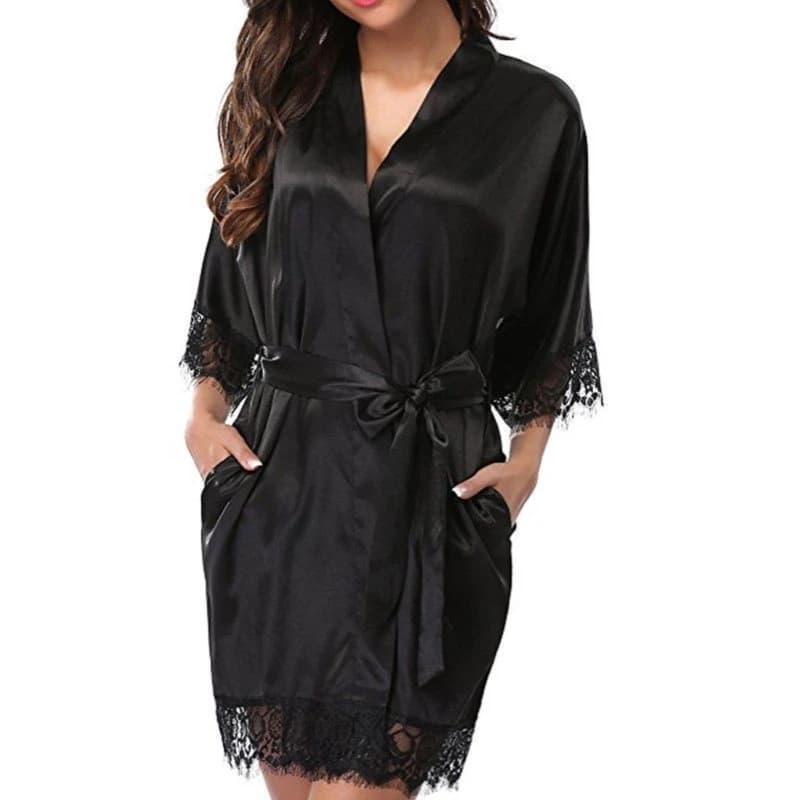T4MD Accappatoio corto a kimono con finiture in pizzo, leggero, in seta ghiacciata, per abiti da a casa