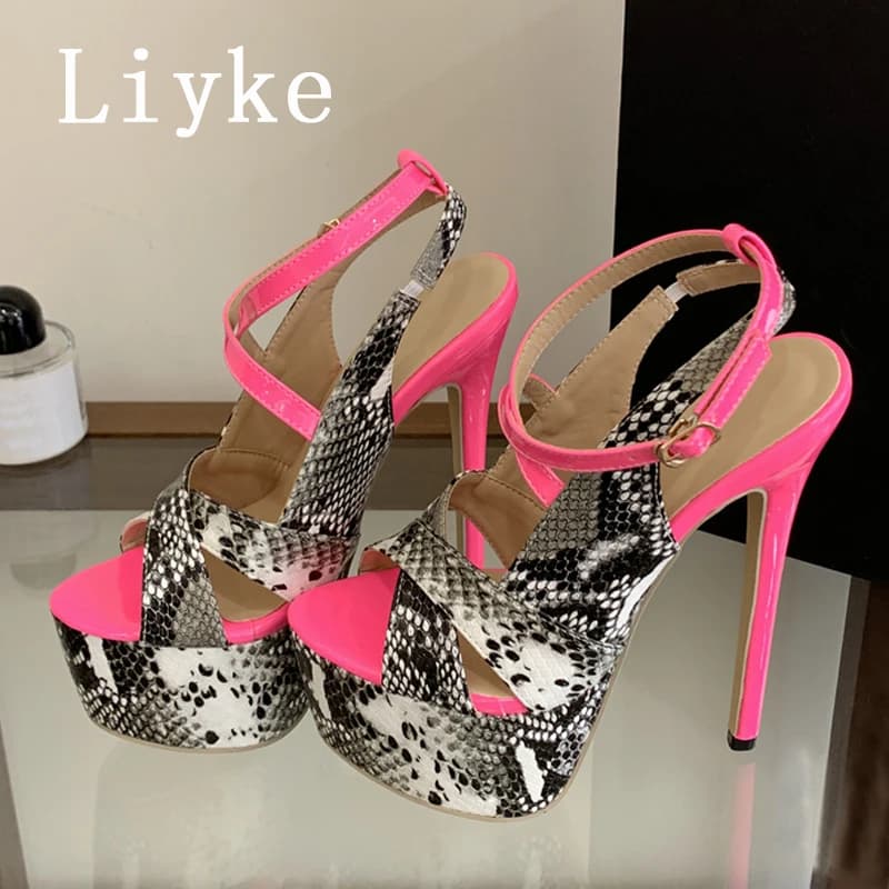 Liyke Sexy Extreme Thin High Heels Woman Platform Sandals Fashion Leopard Print Thick Bottom Ankle Buckle Strap Summer Shoes