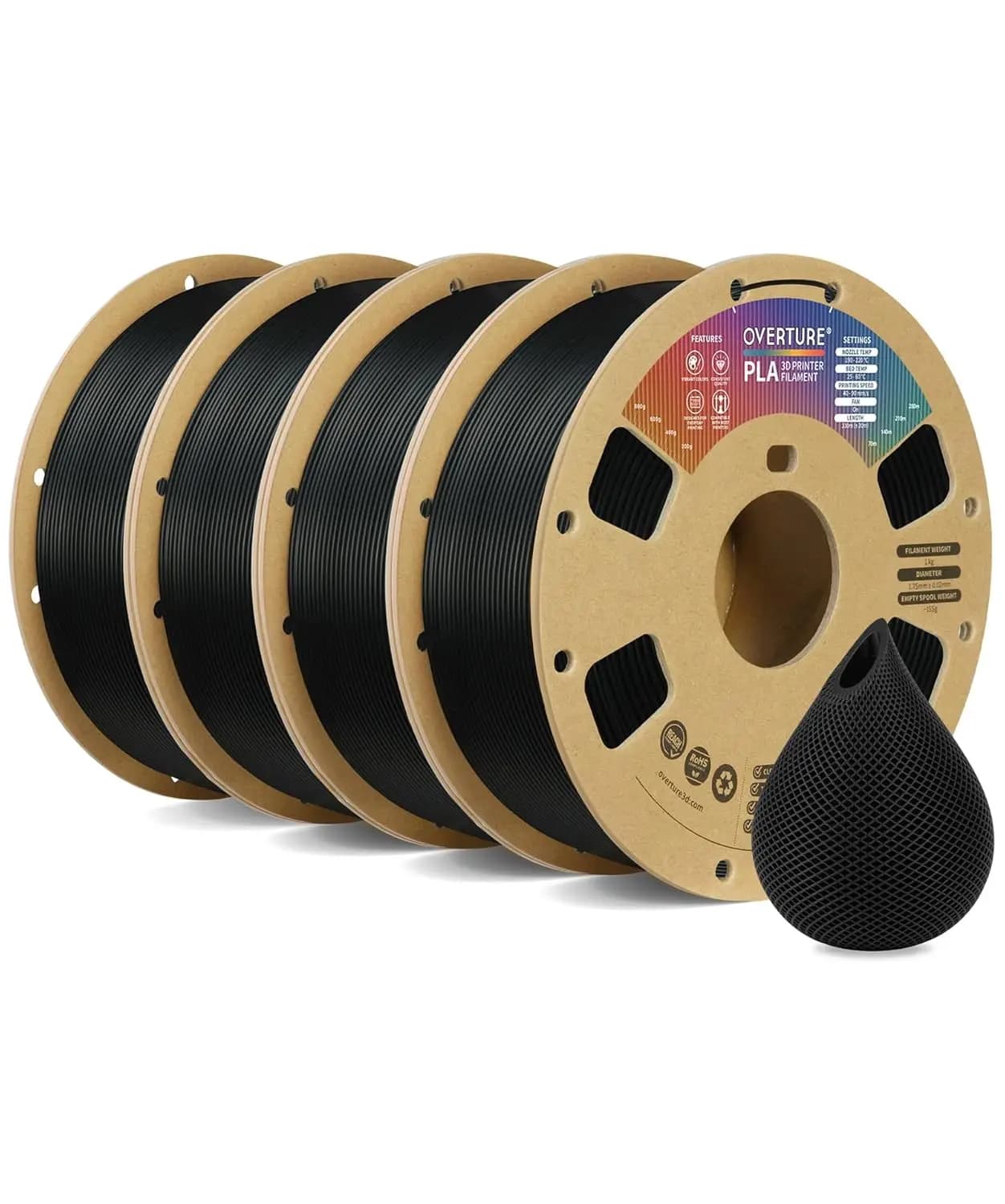 Confezione da 4 filamenti PLA da 1,75 mm, 4 kg totali, alta precisione +/-0,02 mm per stampanti 3D FDM in nero