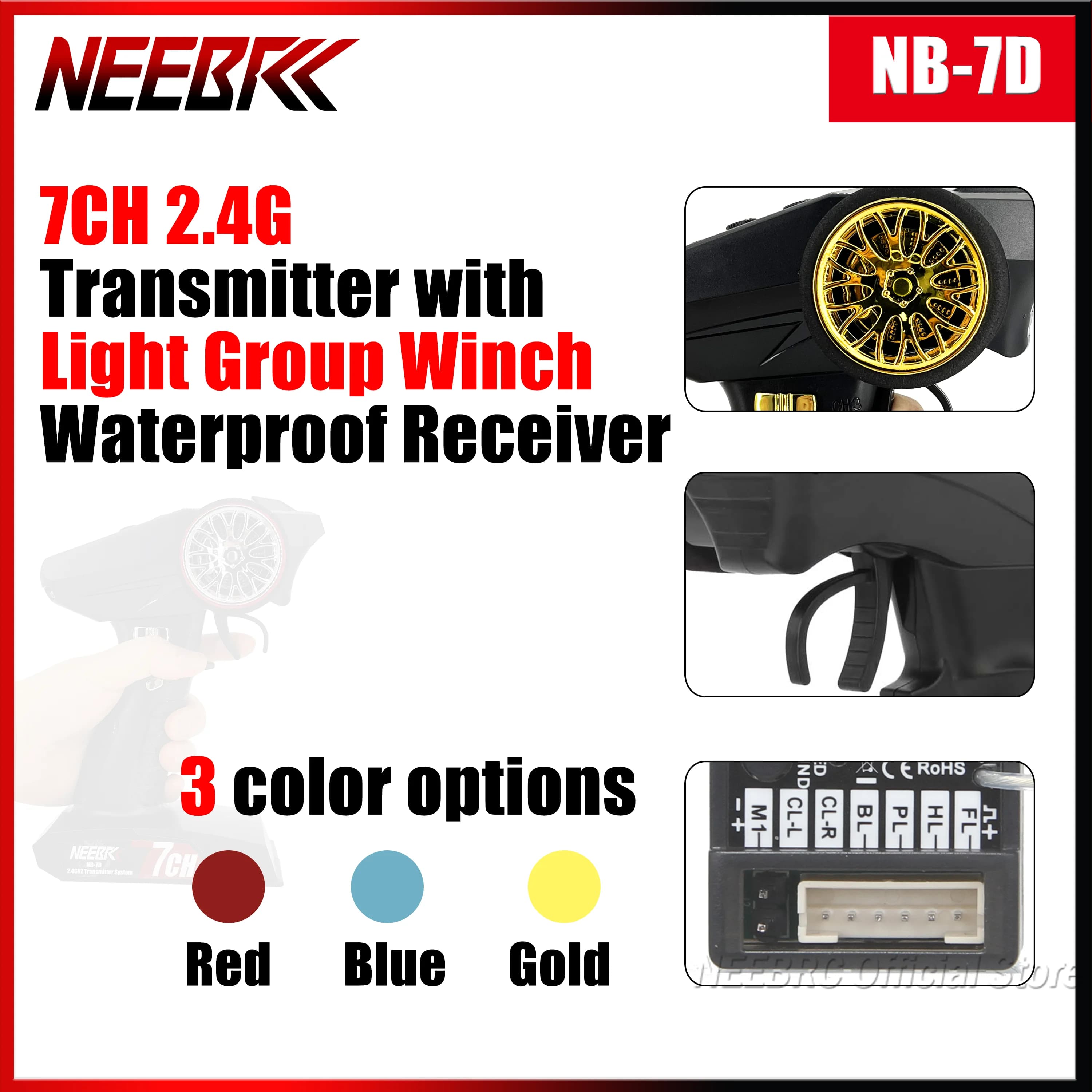NEEBRC 7CH 2.4G Trasmettitore Telecomando con Adattatore Luce Impermeabile Ricevitore di Controllo Verricello per Auto RC MN99S MN78 MN82 Parti