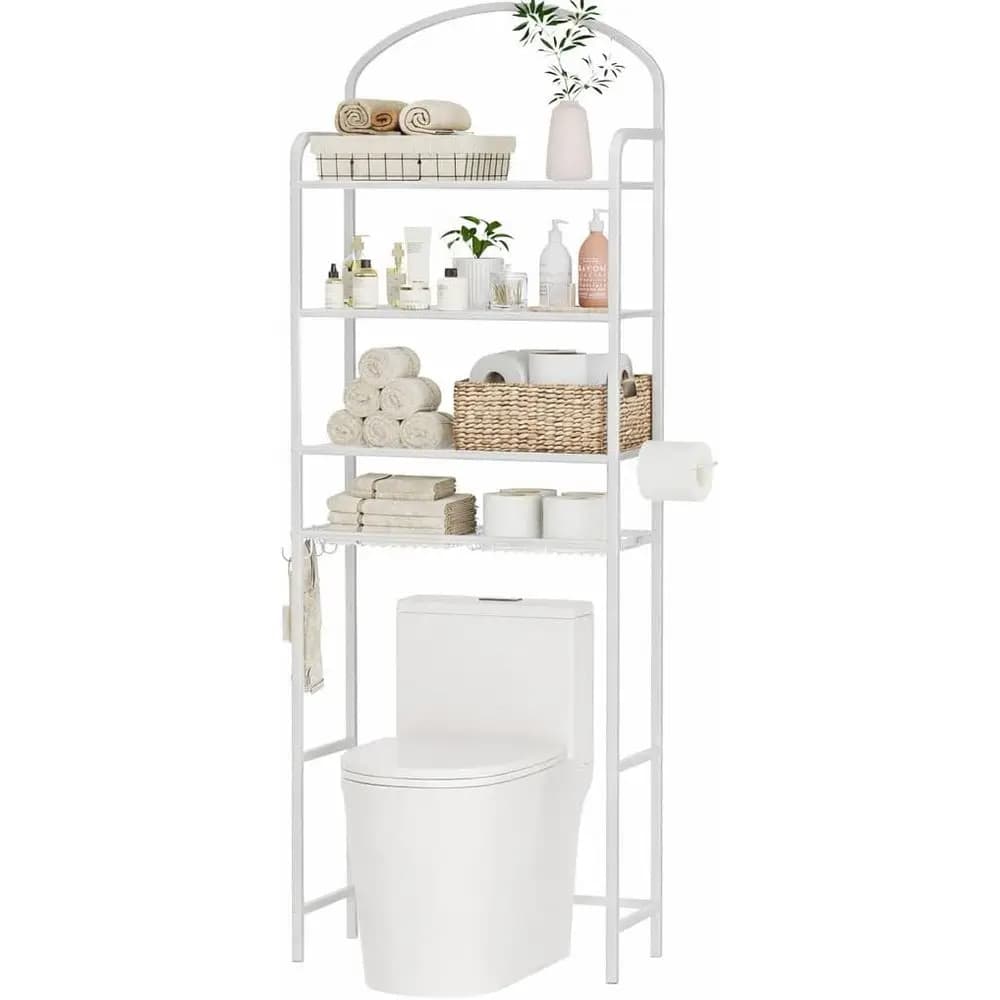 Organizzatore da bagno a 4 livelli sopra il WC, salvaspazio, scaffale portaoggetti sopra il WC con 4 ganci e porta carta igienica, in metallo