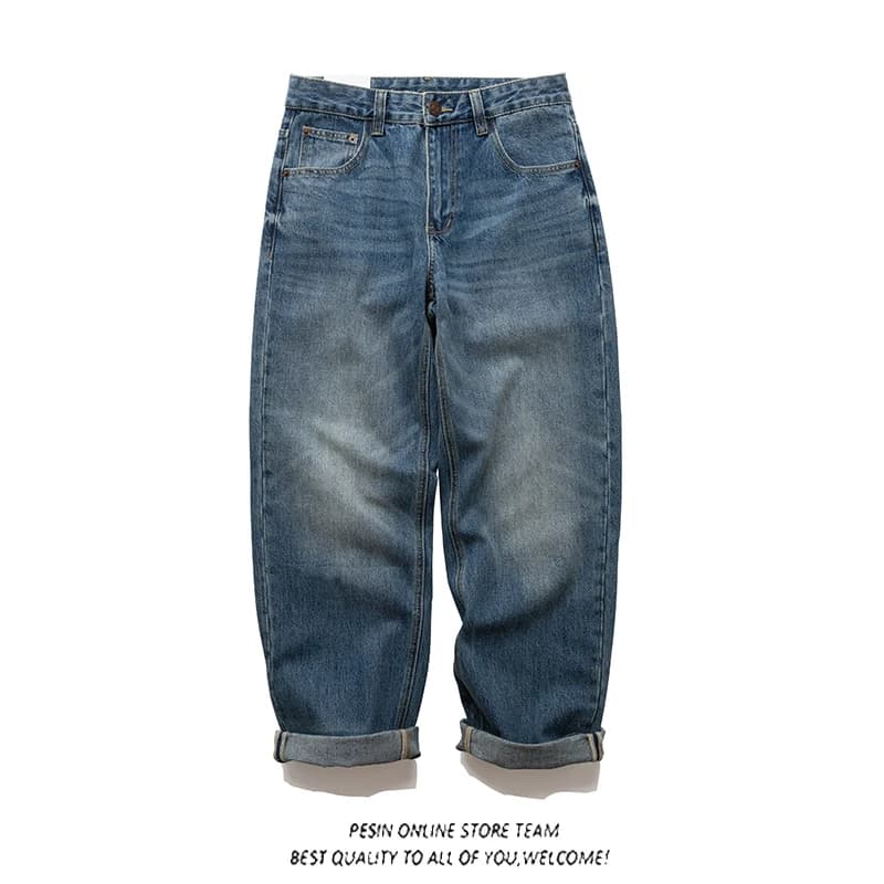 Retro Washed Casual Men's Jeans Loose Straight Leg Light Blue Denim Pants Japanese Style Vintage Faded Autumn Leisure Trousers