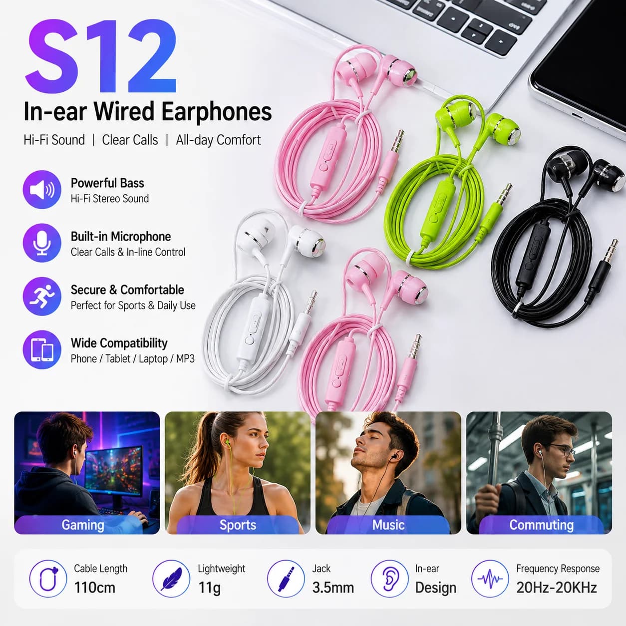 Wired Earphone In Ear 3.5mm Headset HIFI Heavy Bass Earbuds Monitor Sports Headset Stereo Music Gaming Headphone With Microphone