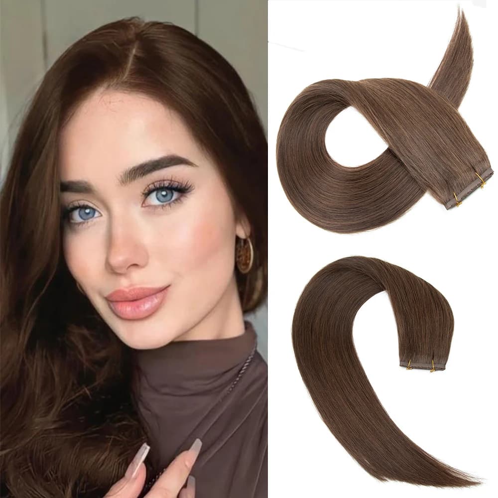 Extension per Capelli Invisibili Twin Tabs 12-24 Pollici con Nastro in PU, 100% Capelli Umani Naturali, Castano Medio, Micro Anelli per Donna