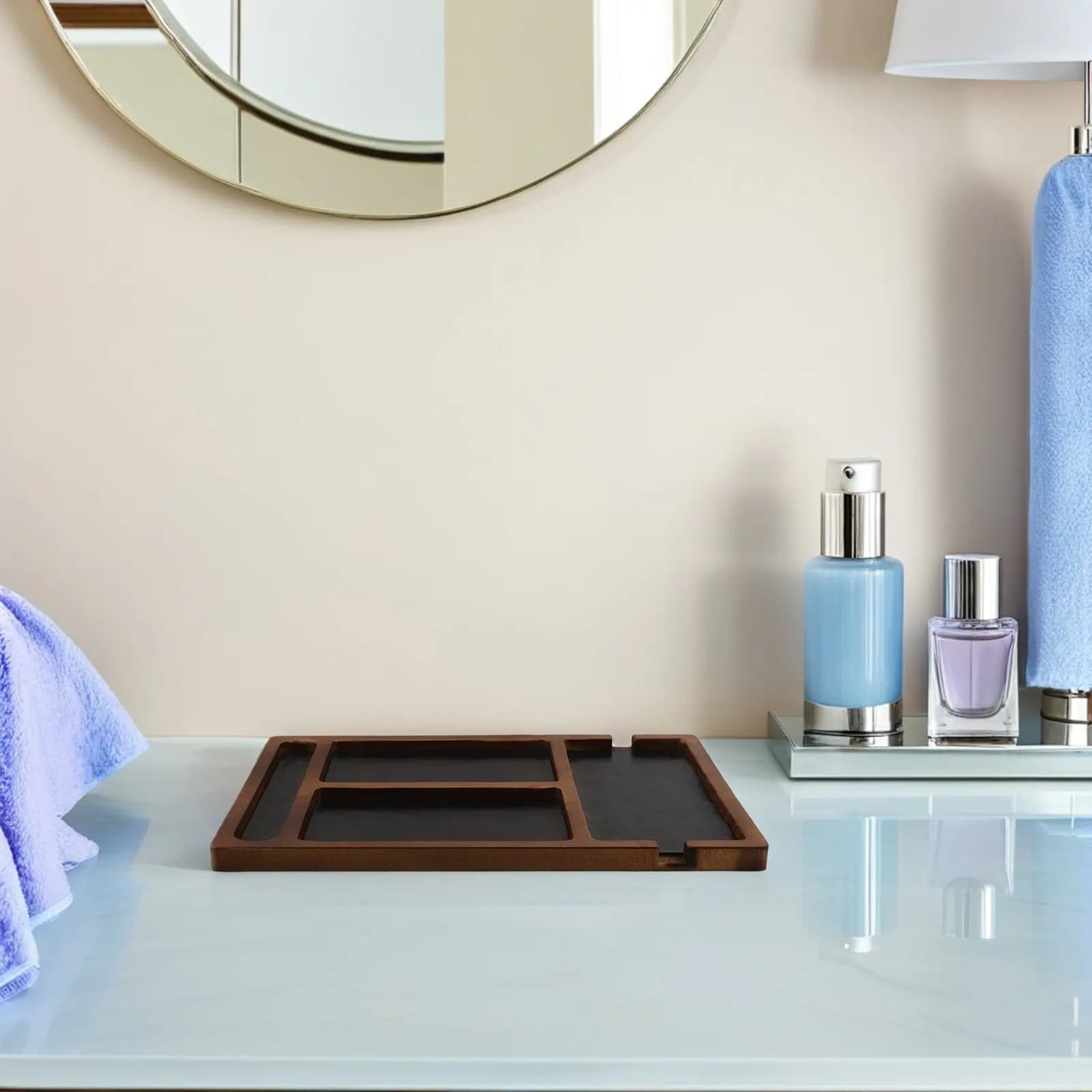 Wooden desk tray with multiple compartments, natural wooden jewelry organizer for bedside table, bedroom, entrance