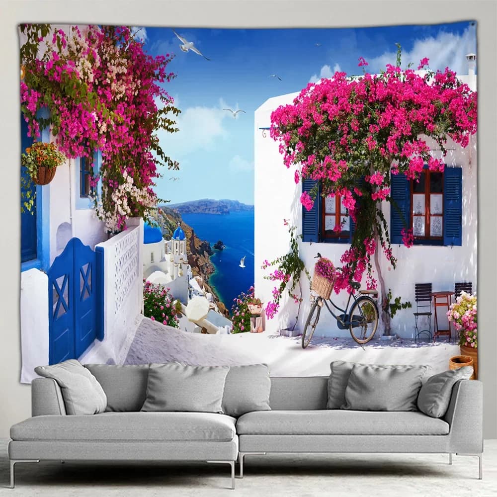 Popular Greece Town Hippie Big Tapestry Spring Flower Street Home Courtyard Patio Wall Hanging Art Deco Blanket Livingroom Mural