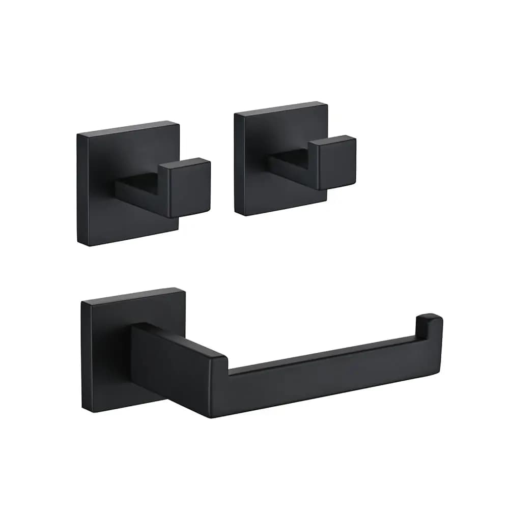Set di accessori per il bagno da 3 pezzi, porta carta igienica nero opaco, 2 ganci quadrati per asciugamani, acciaio inossidabile SUS 304, montaggio a parete