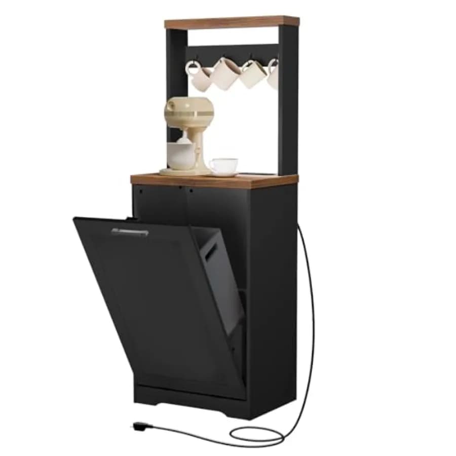Tilt Out Trash Can Cabinet with Charging Station, Kitchen Trash Bin Cabinet with Hooks, 10 Gallons Wooden Recycling Cabinet, Hi