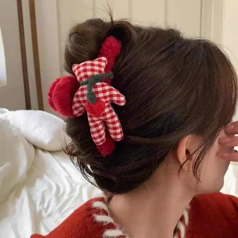 1 clip per impugnatura in peluche con orsacchiotto in cotone a quadretti rossi carini con accessori per capelli stile fronte-retro