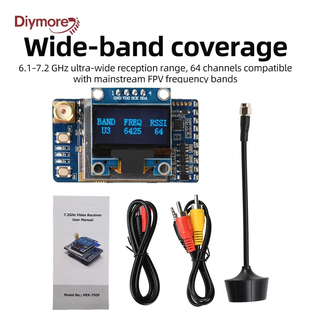 Ricevitore Video VRX-75DF 6.1–7.2GHz con Ricevitore Analogico FPV a 64 Canali per Droni, Segnale Stabile a Lunga Distanza, Display OLED