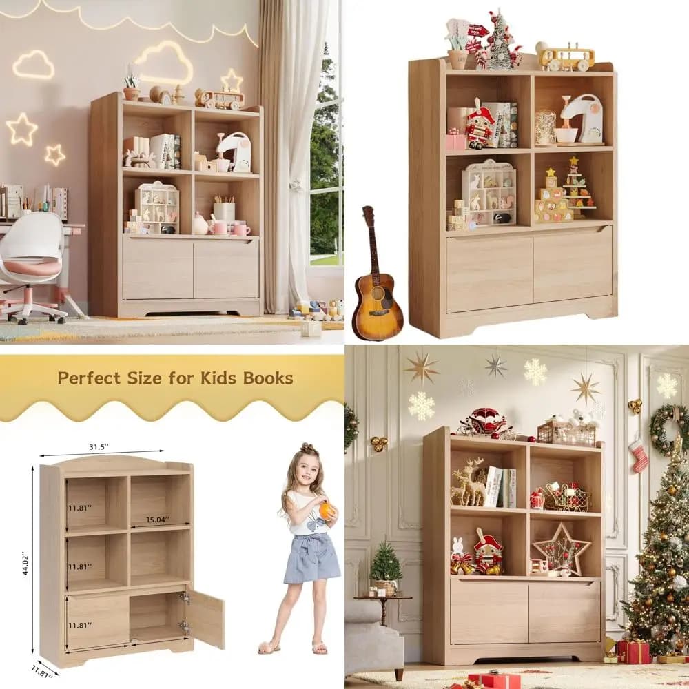Scaffale per bambini e organizer per giocattoli, scaffale per libri per bambini a 2 livelli per camerette con 2 ante, organizer per riporre 4 cubi, Boo per bambini in legno
