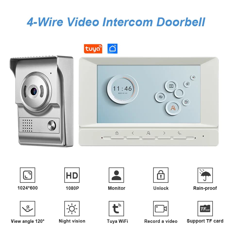 Schermo IPS da 7 pollici 2MP 1080P Tuya APP Videocitofono cablato 1V1 Citofono Telecamera per porta Spioncino Visualizzatore Campanello
