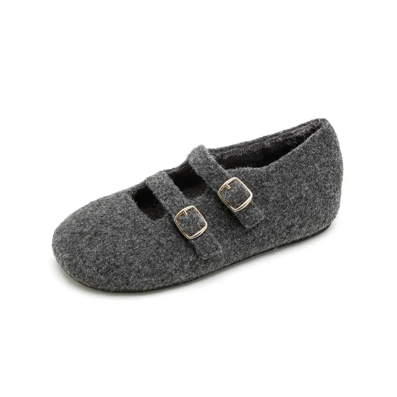 Mamma Donna Punta tonda Doppia fibbia Maglia Mary Janes Foderata in pelliccia Scarpe con tacco basso Mocassini slip-on decorati in pelle