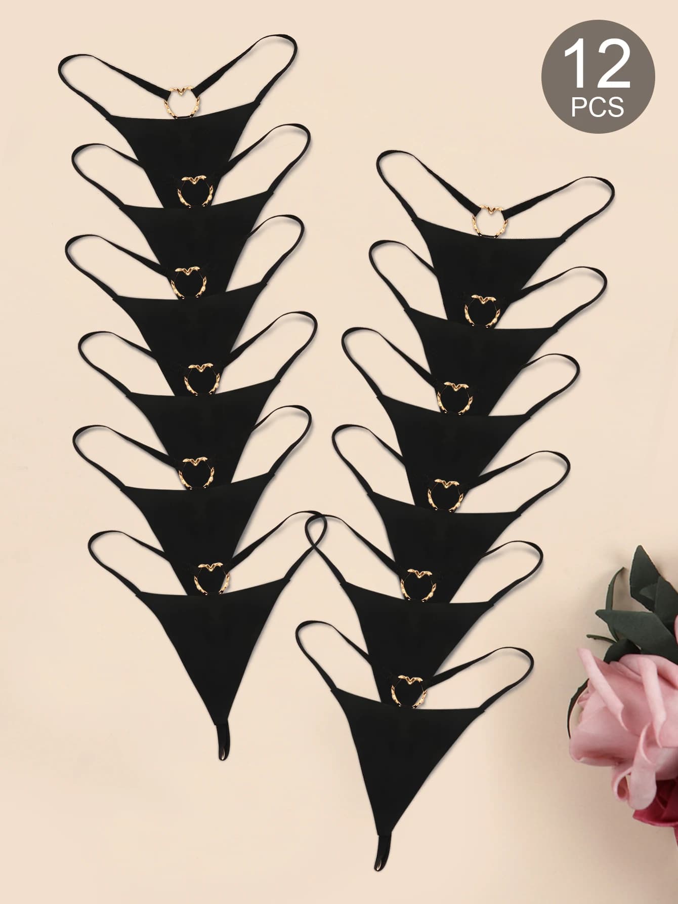 Varsbaby 12 pezzi di biancheria intima perizoma senza cuciture con mutandine ad anello a cuore in metallo T-back perizoma bikini nero 12 pezzi per confezione