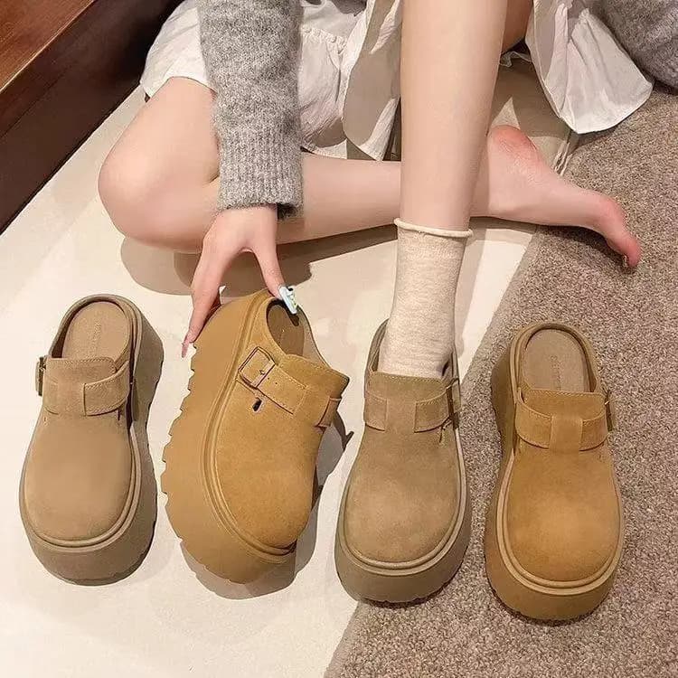 Women's Platform Slip-On Shoes Thick Bottom Flat Sandals Open-Toe Half Slippers Trendy Outdoor Wear No-Heel Single Shoes