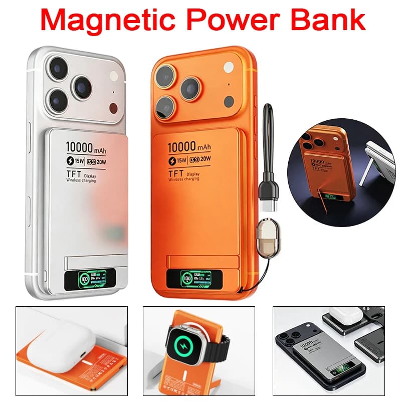 Power Bank Portatile in Lega di Alluminio con Ricarica Wireless Magnetica Rapida e Display per Telefoni, Orologi e Cuffie